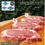 Beef Sirloin AGED BY GOODWINS Australia STEER young cattle (Striploin / New York Strip / Has Luar) frozen brand Harvey/Midfield STEAK 2cm 3/4" (price/pack kg 4-5pcs)